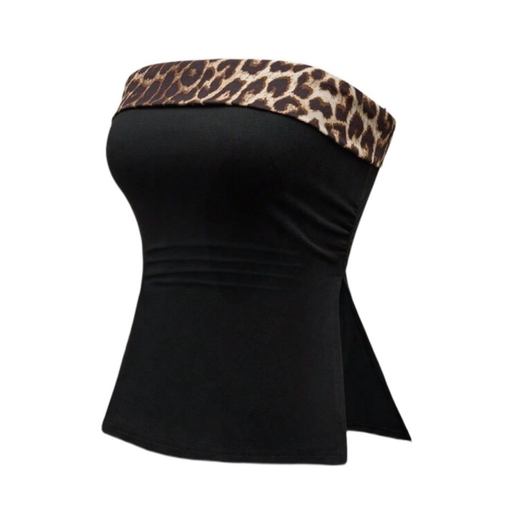 Y2K Strapless Black Tube Top with Leopard Trim